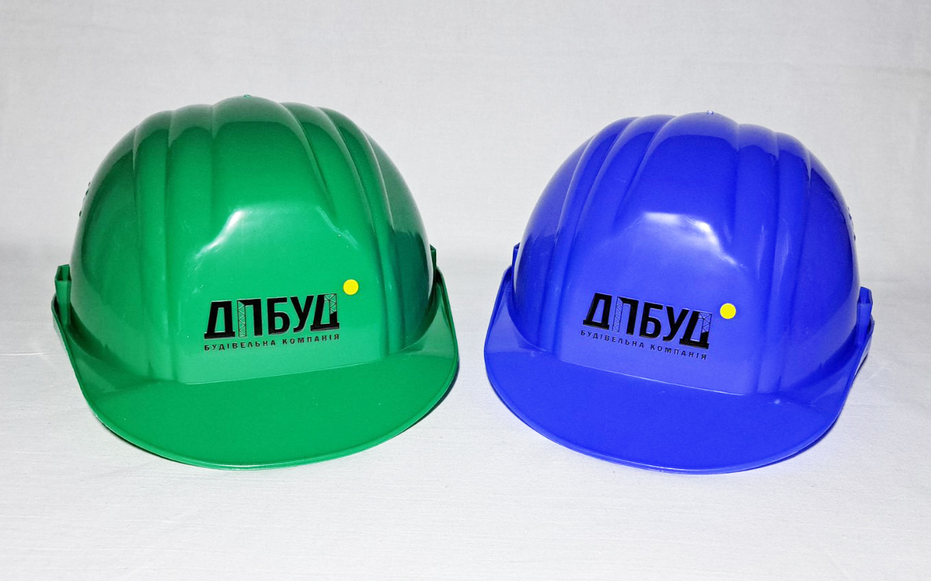 Синие каски с логотипом